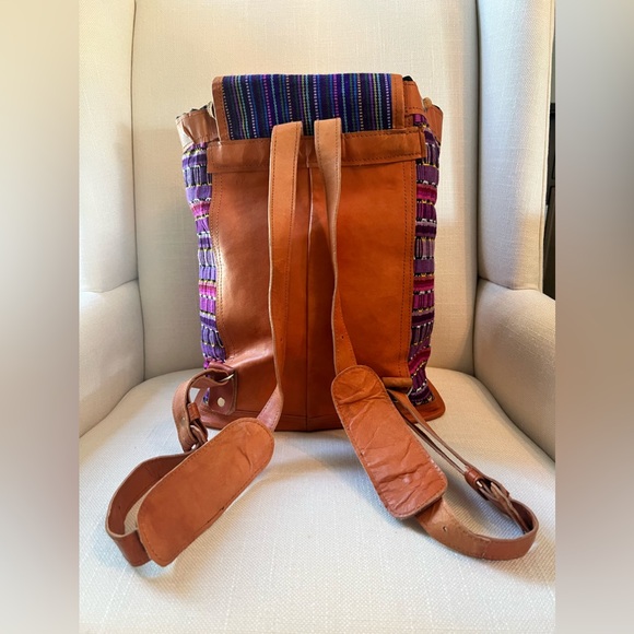 VTG Leather Mexican Blanket Backpack Boho Hippy Chic Purse Bag Tote Tapestry - Picture 3 of 8